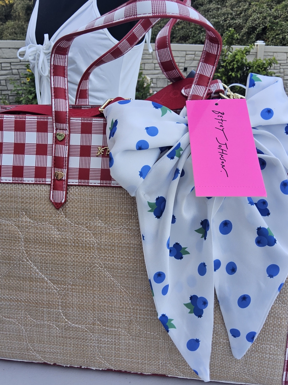 NWT-Betsey Johnson Red Gingham Straw Satchel with Blue Berry Scarf Accent